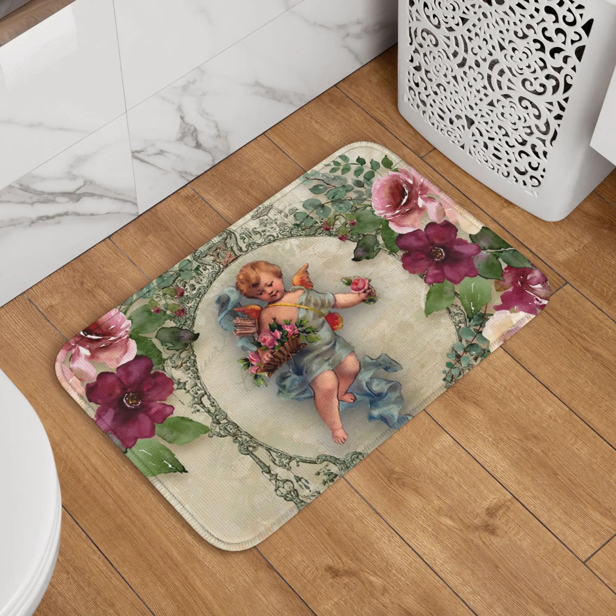 Tappeto Vintage Personalizzato con Rosa e Angelo Vittoriano, Antiscivolo per Bagno, Cucina, Giardino, Garage, Ingresso