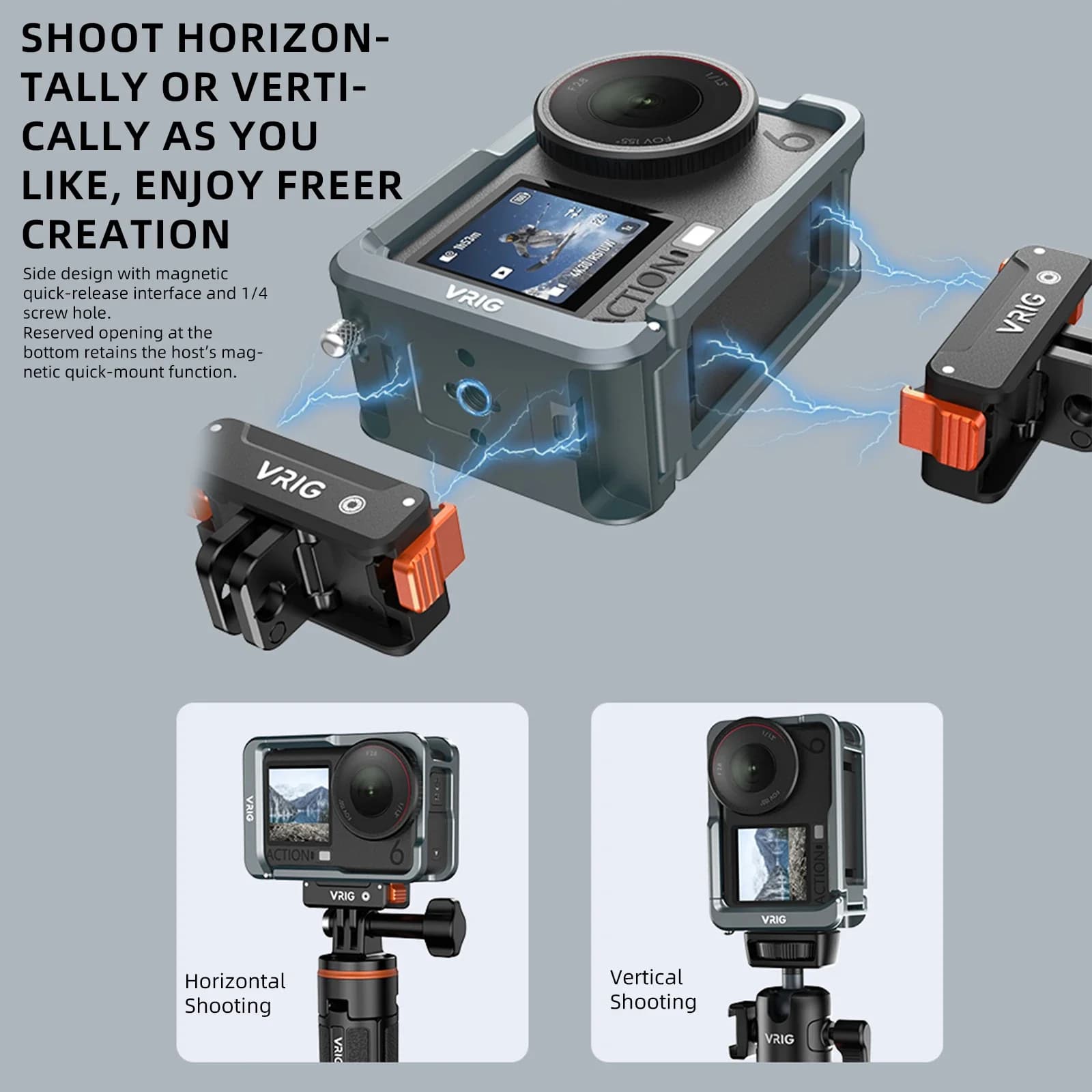 Camera Cage for DJI Action 6 Magnetic Quick-Release W/ Cold Shoe 1/4" Threaded Holes Multi-functional Protective Frame Housing