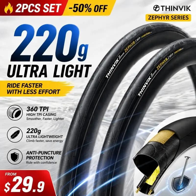 Pneumatici per Bici da Strada Thinvik 700X25/28C, Leggeri, 360TPI, Clincher Pieghevoli per Allenamento, Accessori per Biciclette - 2 Pezzi
