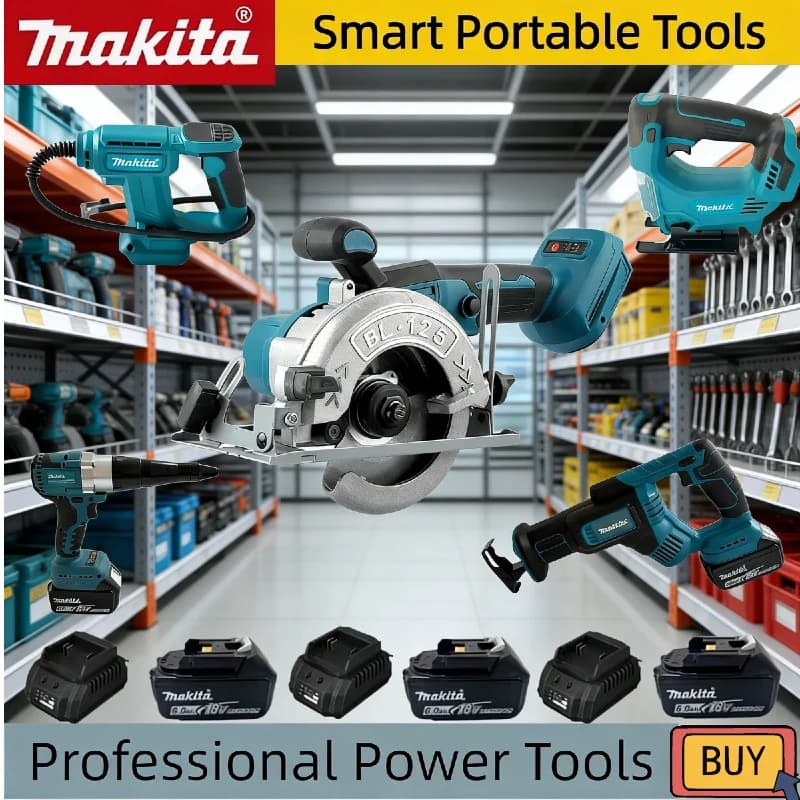 18V Battery Makita Electric Tools Set: Rotative Hammer, Rivet Gun, High Power Fan, Battery Saw, Air Blower