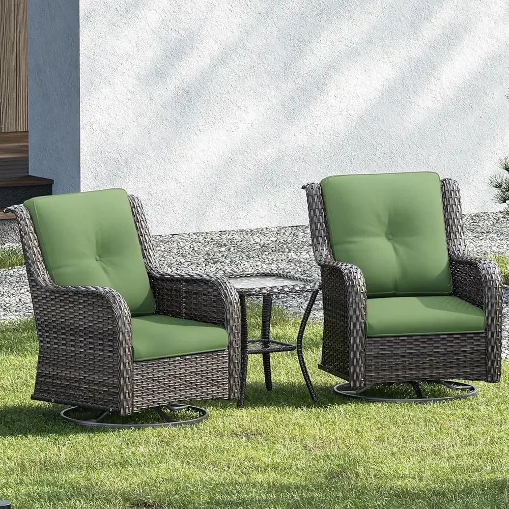 Set di Mobili da Giardino di Lusso in Vimini a 3 Pezzi con 2 Sedie Girevoli e Tavolino Laterale, Cuscini Morbidi, Perfetto per Terrazza o Veranda