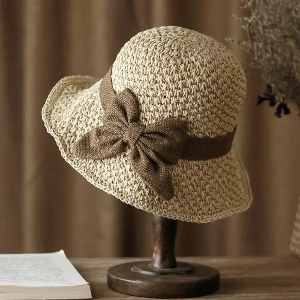 Cappello da sole in paglia a tesa larga alla moda con fiocco, pieghevole e traspirante, stile Panama, per ragazza