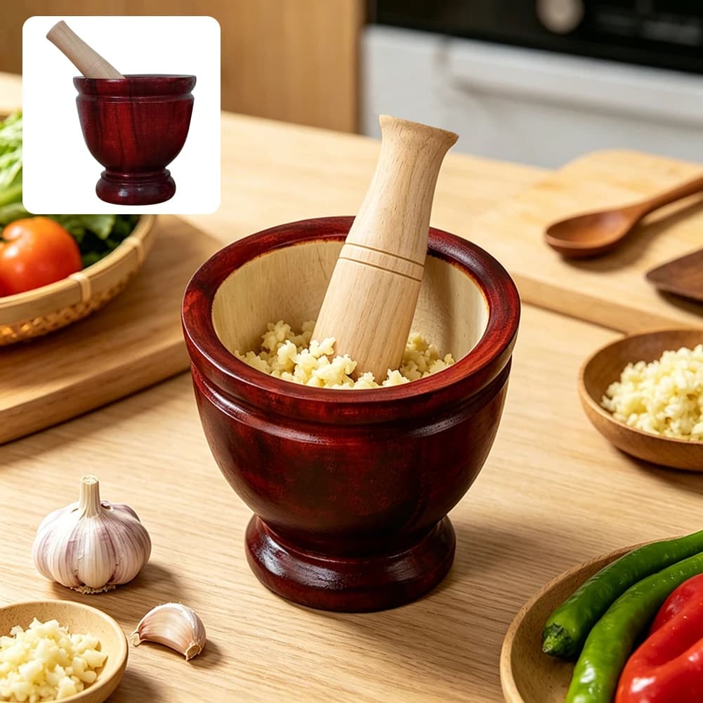Premium Wooden Mortar Pestle Set Traditional Spice GrinderHerb Crusher for Garlic Ginger Guacamoles Kitchen Spice Grinding Bowl