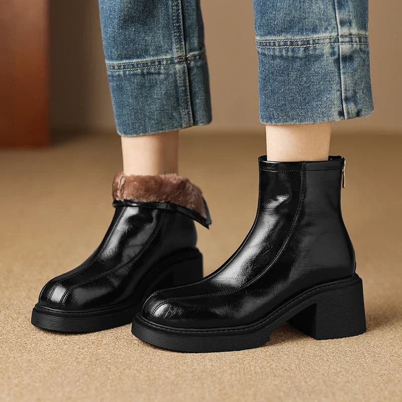 2026 new autumn winter women ankle boots natural leather plus size 22-25cm split leather+wool thick heel back zip short boots