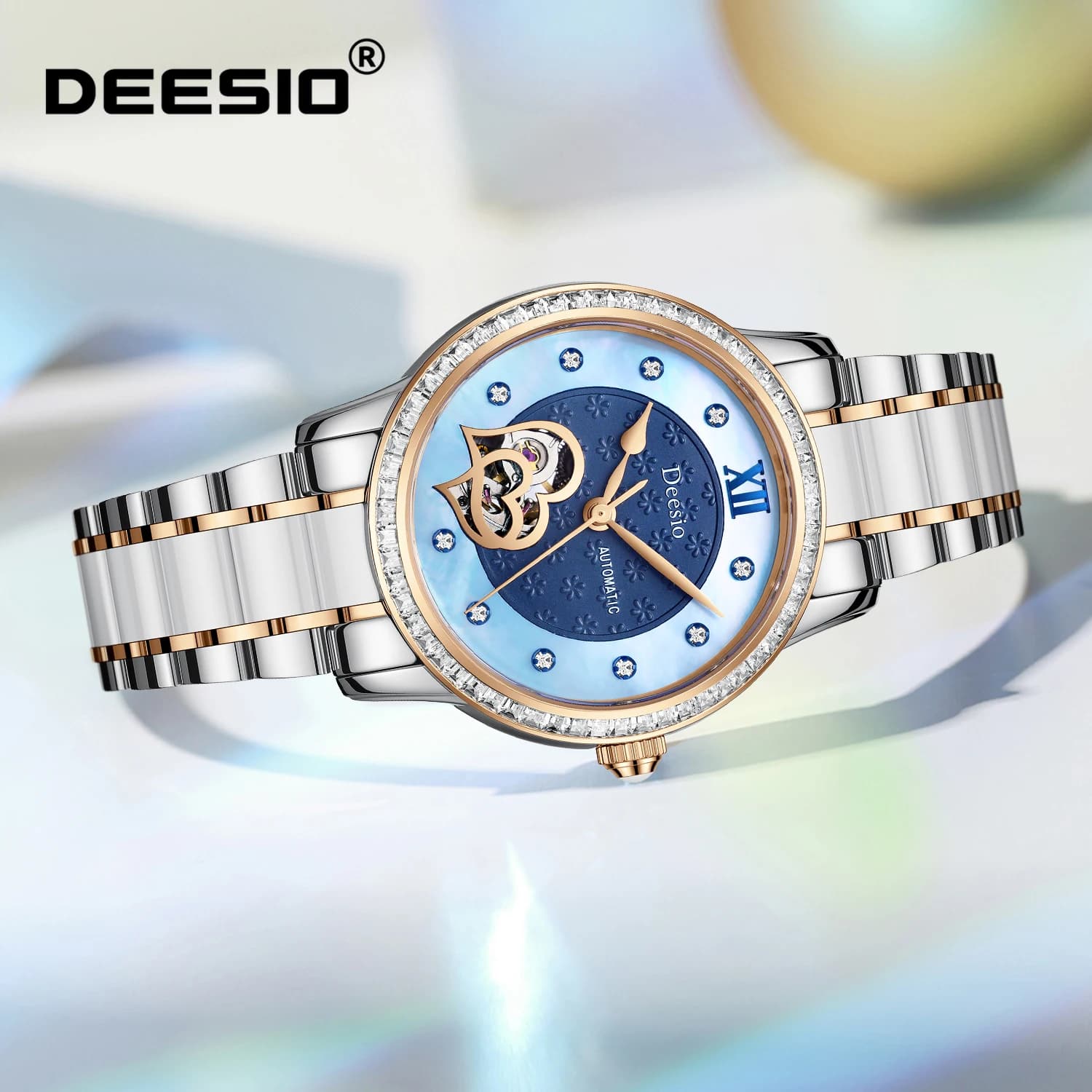 Men's mechanical watch Deesio, stainless steel and ceramic strap, heart-shaped skeleton dial, romantic Valentine's Day gift, anniversary