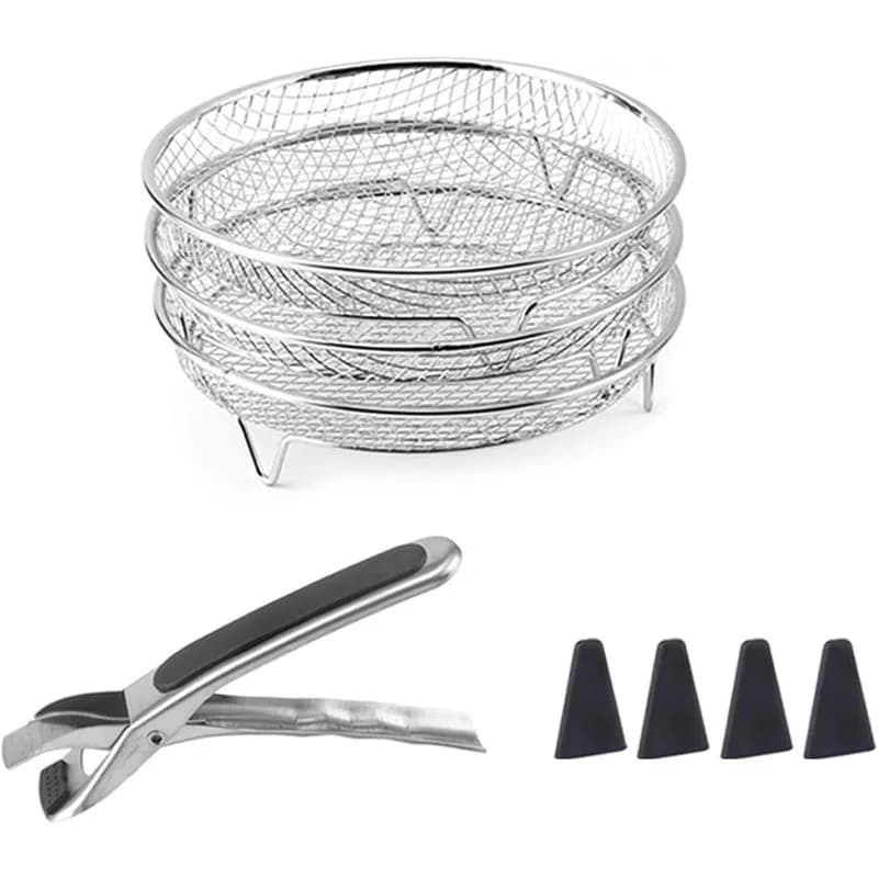3Pcs Stackable Stainless Steel Air Fryer Grill Rack BBQ Cooking Holder with Extra Clamp & Silicone Feet Air Fryer Accessories