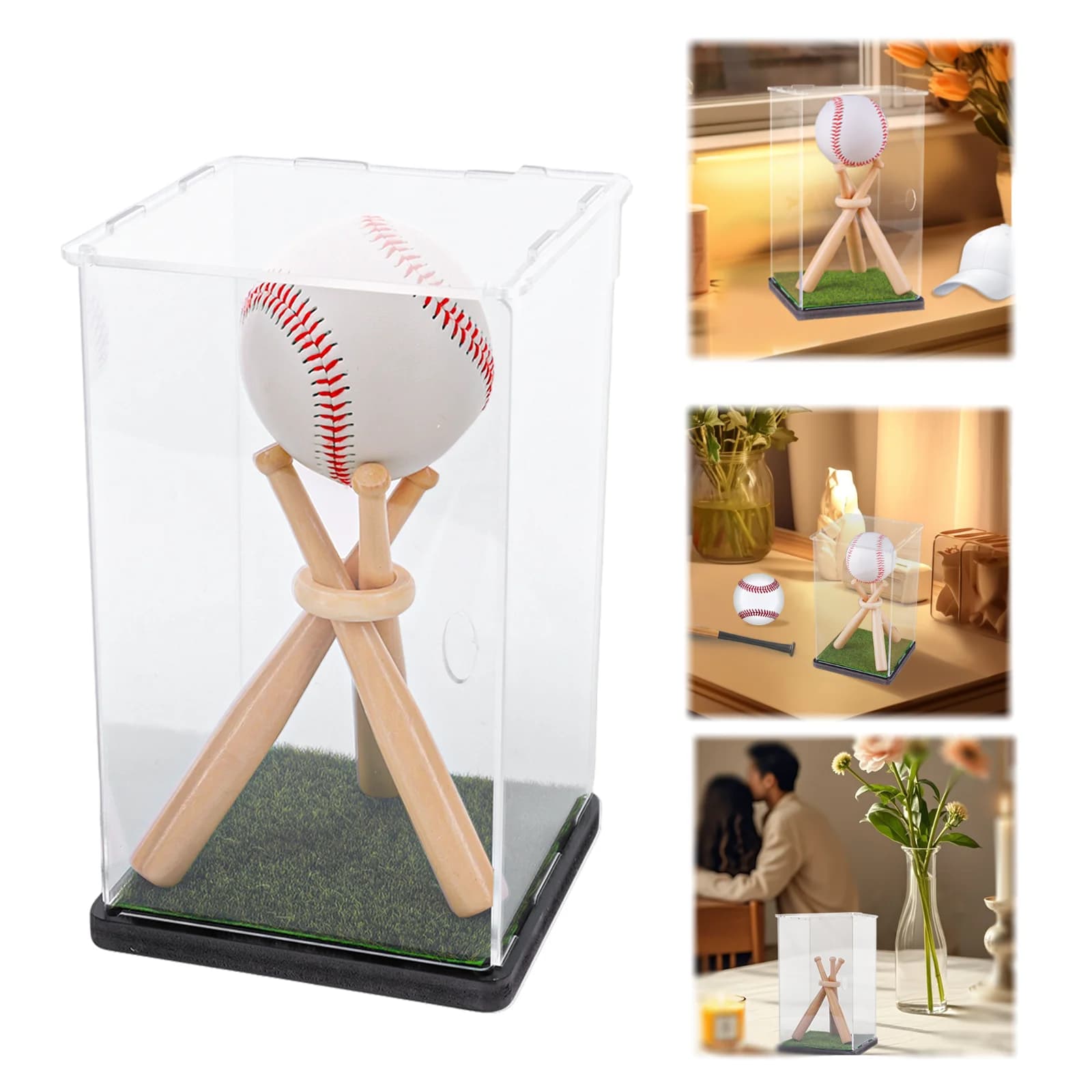 Espositore per Palline da Baseball con Supporto in Legno, Vetrina in Acrilico Trasparente, Scatola per Oggetti da Collezione, Regalo per Autografi