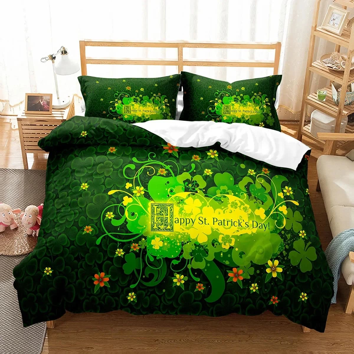 Set copripiumino Happy St Patrick Set biancheria da letto con trifoglio vegetale Copripiumino verde Lucky Leaf Copripiumino con foglie botaniche