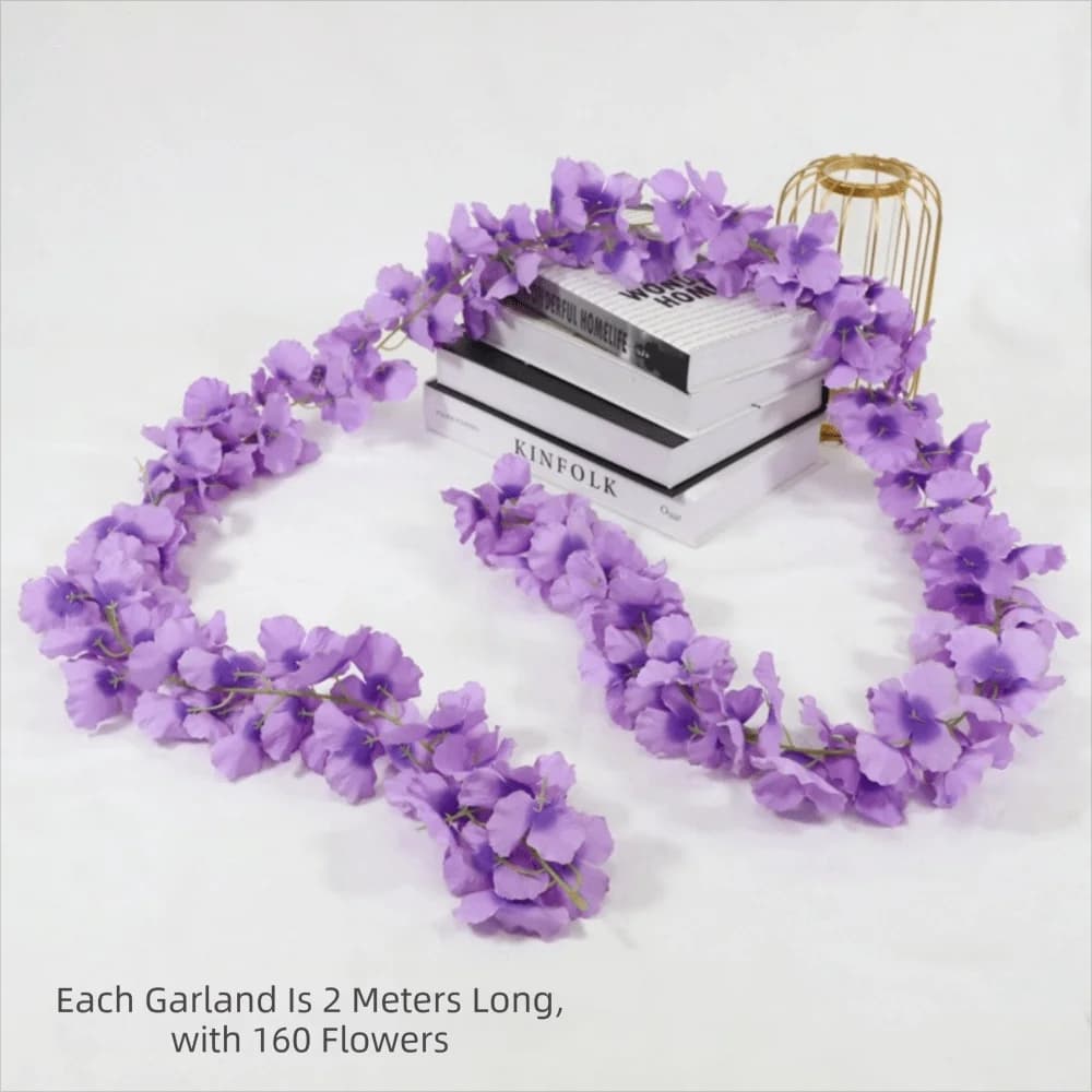Silk Flower Artificial Wisteria Fake Flowers Green Leaves Artificial Orchid Flowers 2M Length Hanging Garland Wall Decoration