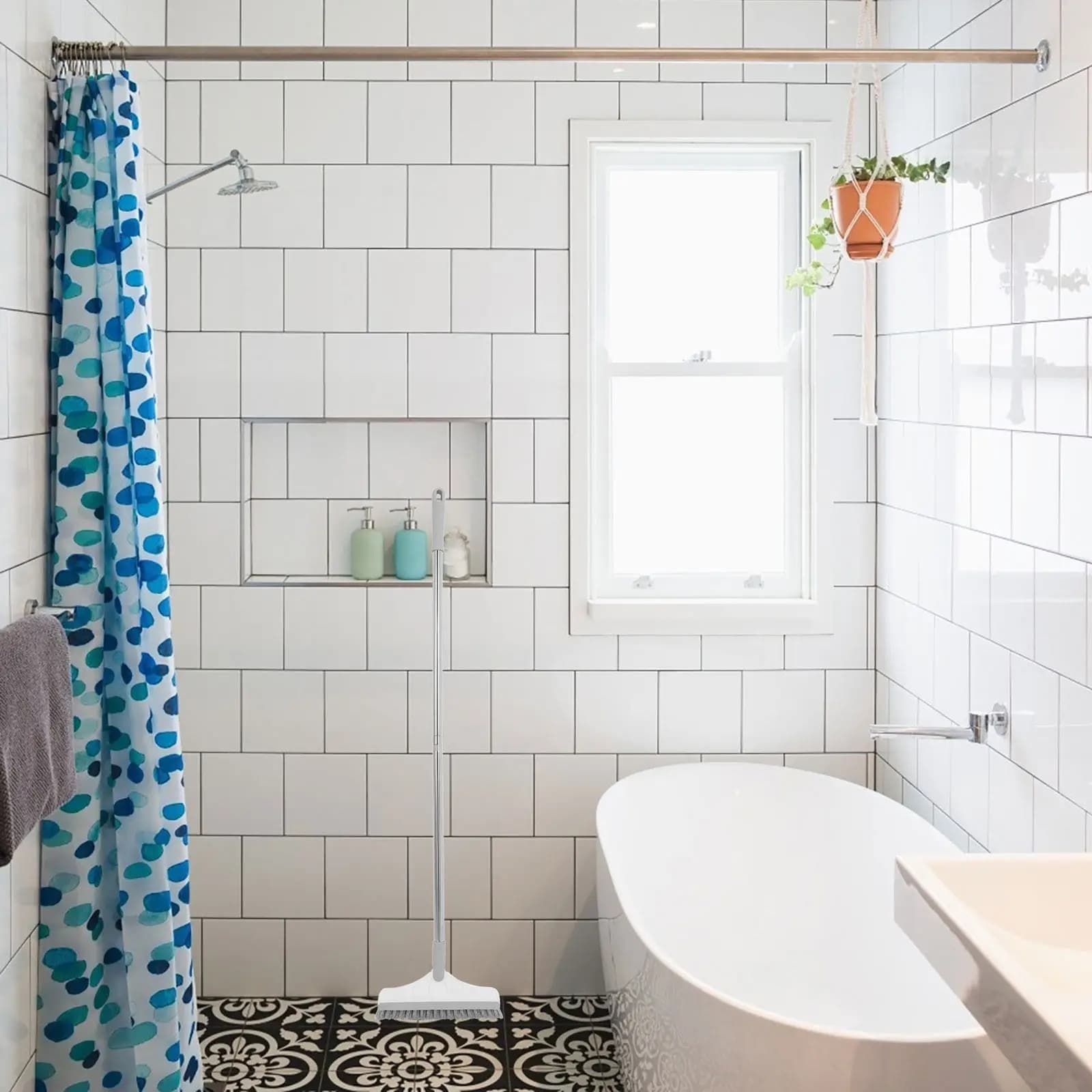 Spazzola per Pulizia Bagno con Manico Lungo, Versatile Rimuovi-Macchie, Spazzola per Piastrelle, Scopa per Pulizia Pavimenti Interni e WC
