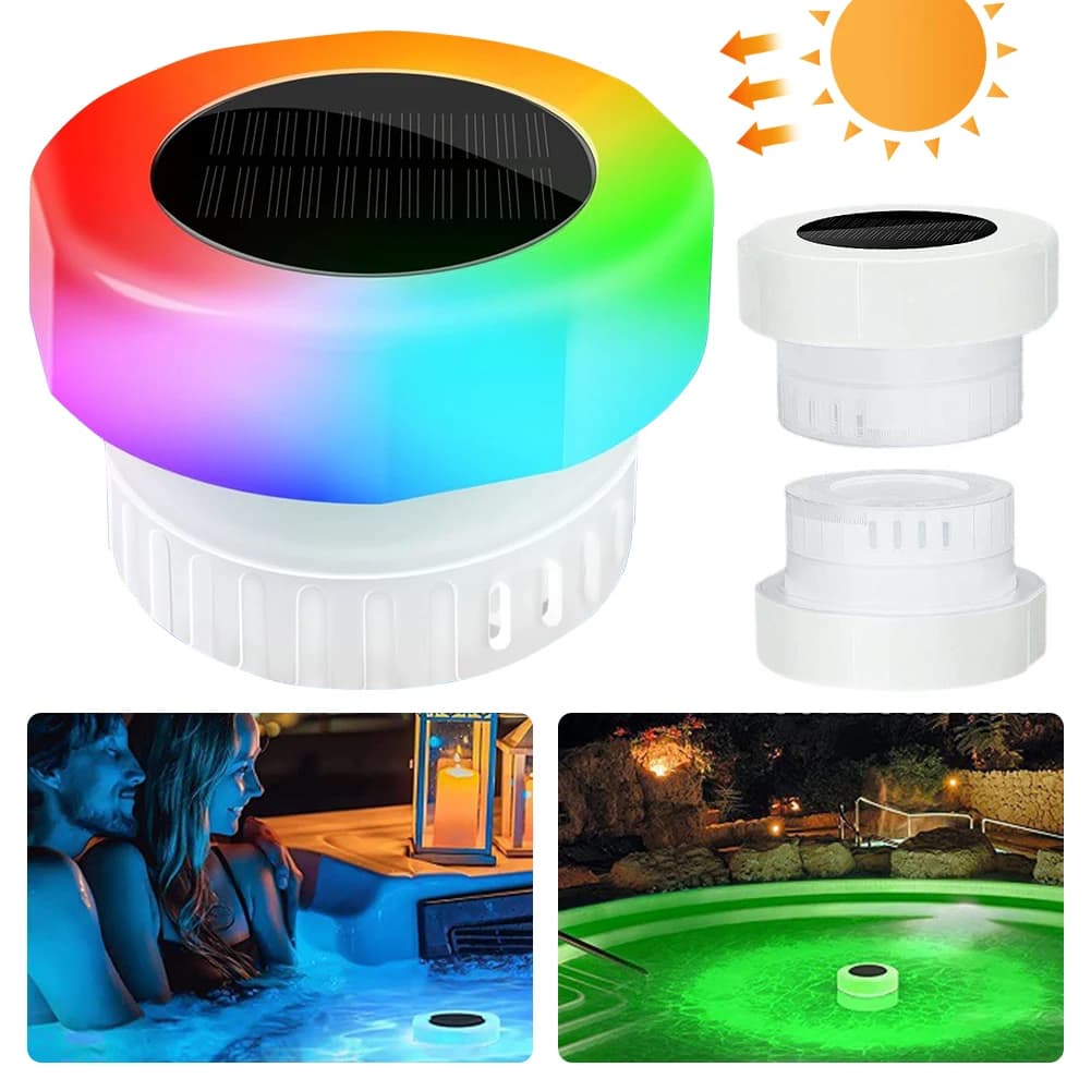 Galleggiante per cloro per piscina ad energia solare con detergente per acqua galleggiante per cloro leggero colorato IP68 impermeabile per compresse fino a 3 pollici
