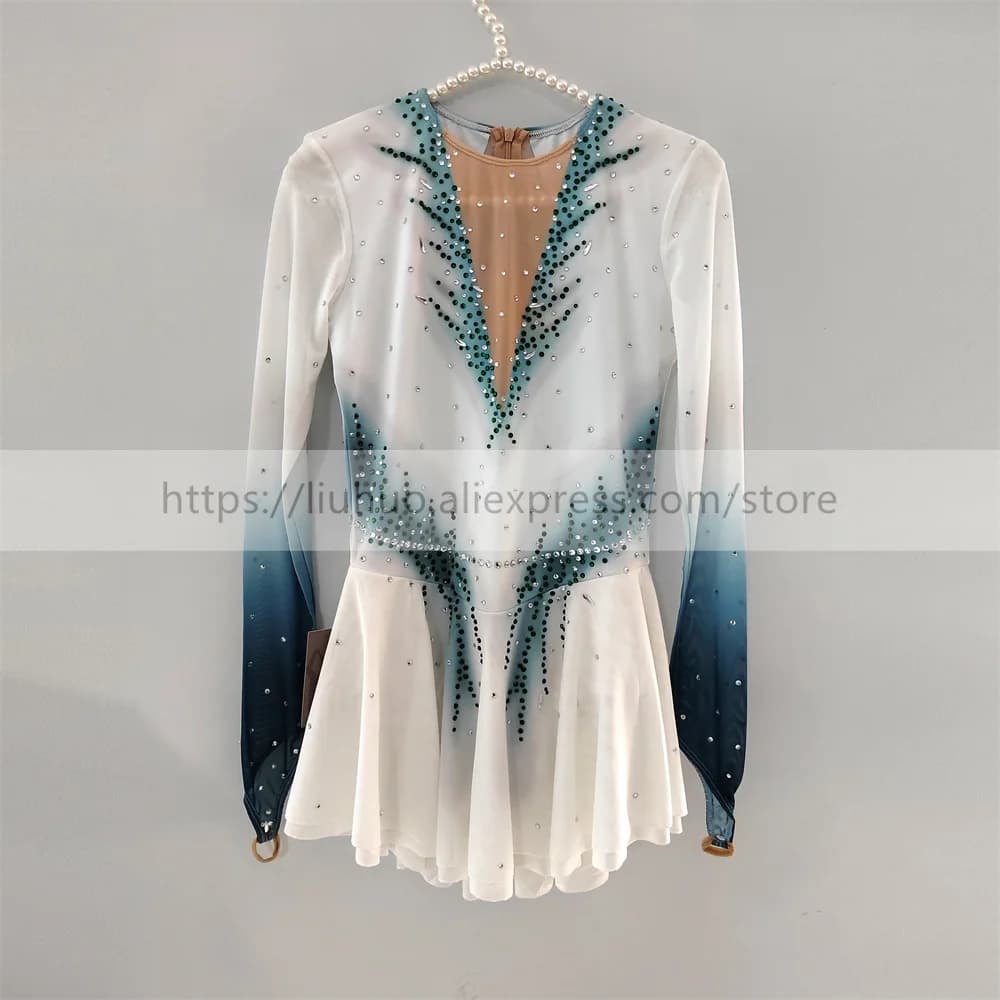 LIUHUO Donna Aldult Girl Personalizza Costume Competizione Performance Body Pattinaggio di Figura sul Ghiaccio Vestito Bianco Verde Sfumatura di Colore