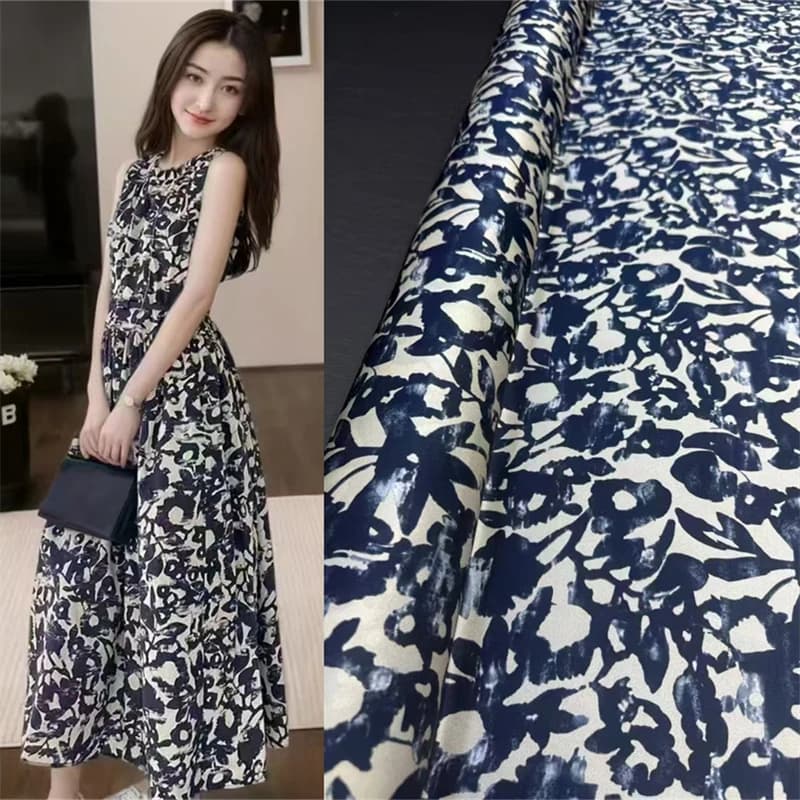 Fashion Summer Deep Blue 140cm Width Elastic Twill Satin Luxury Designer Sewing Material Handmade DIY Shirt Dress Silk Fabric