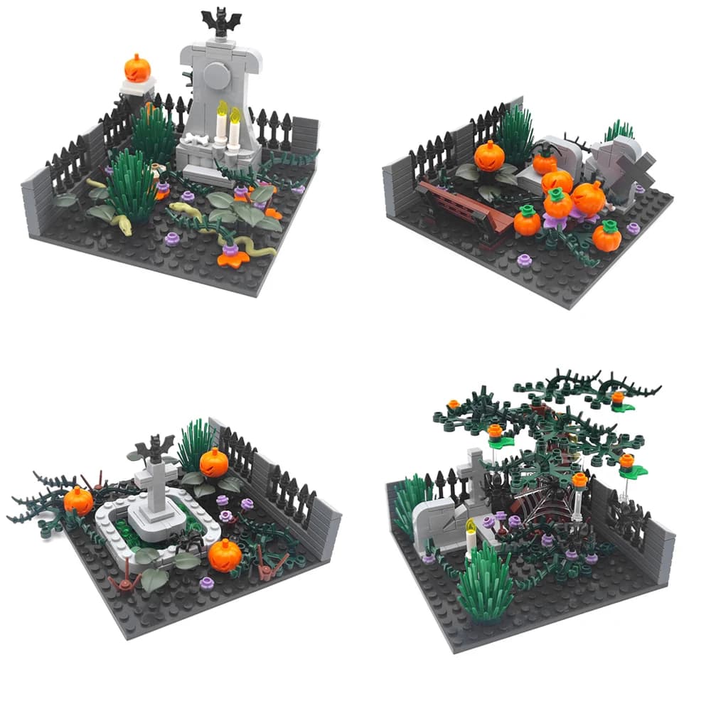 Halloween MOC Cemetery Scene Building Blocks Wall Tombstone Skull Ghost Coffin Bricks Toys Kids Gifts Compatible With LEGO