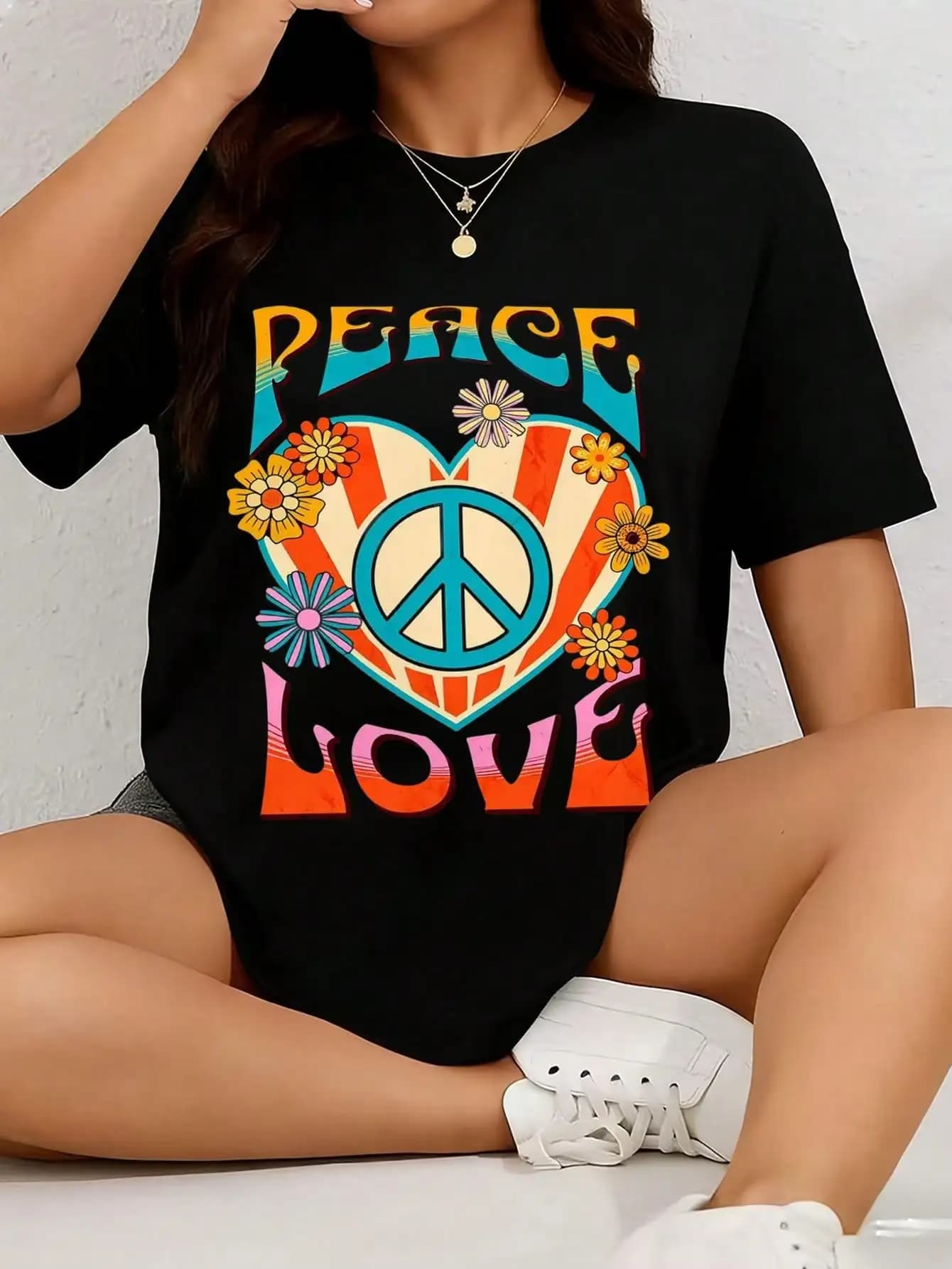 Peace Love Peace Sign Graphic Tee, Summer Casual Loose T Shirt