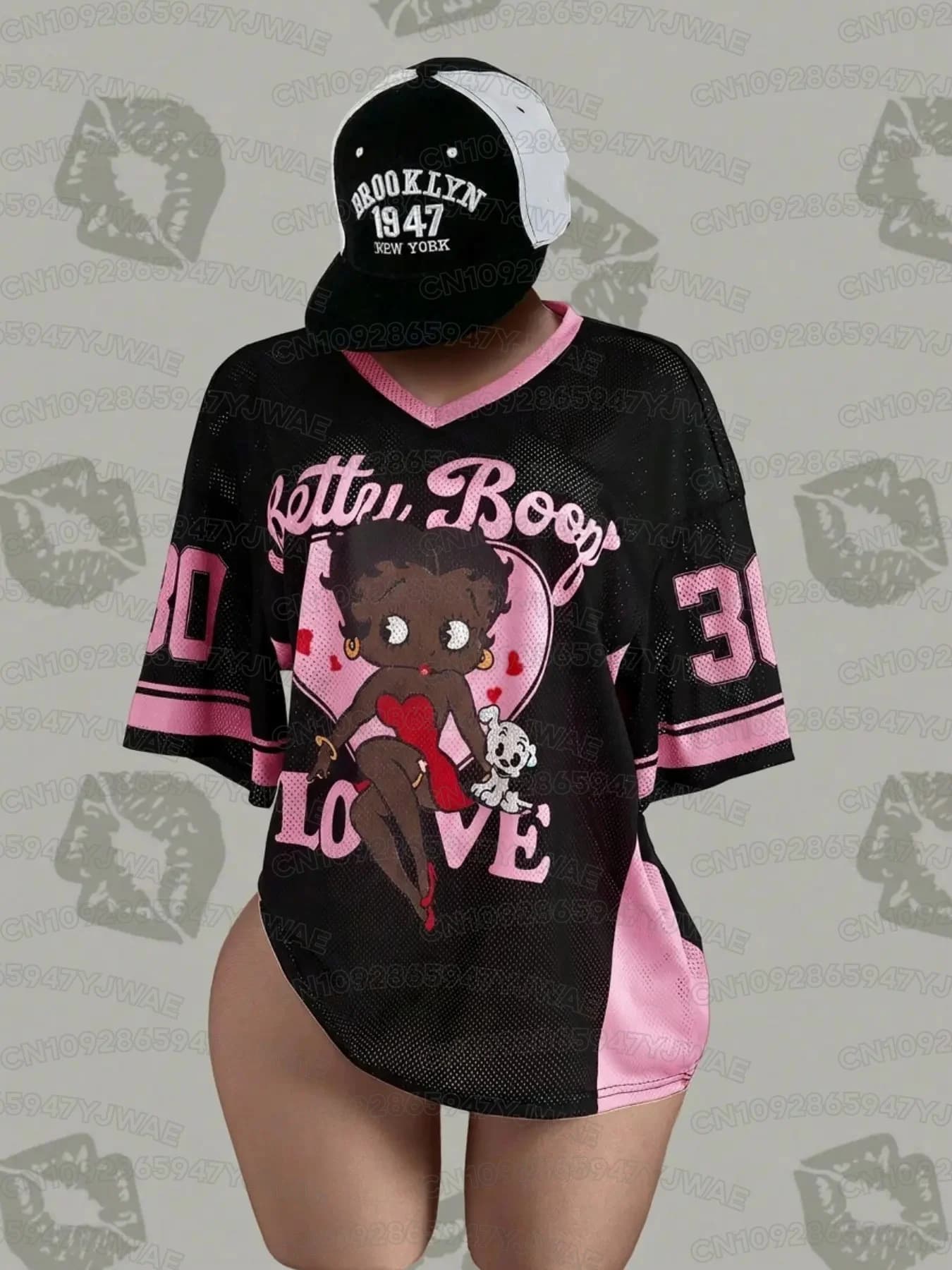 Summer Women's Men's Cartoon Betty Boop Print V-neck Graphic Tee Soccer Jersey Plus Size Sport T-Shirt Tops Short Sleeve T-Shirt
