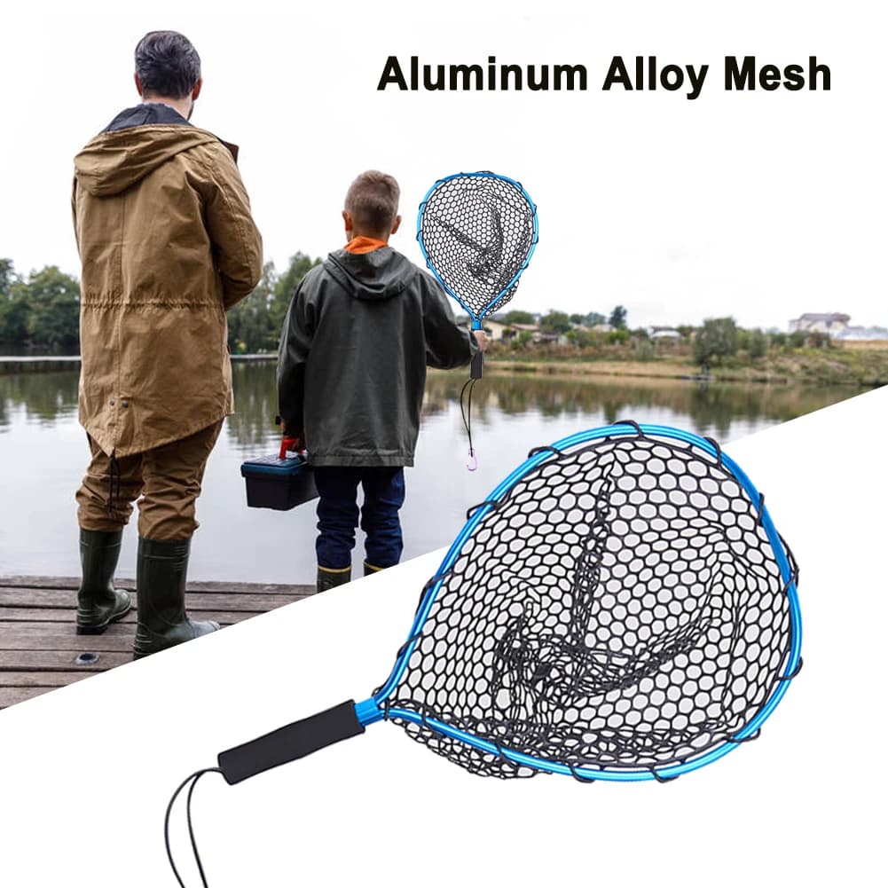 Aluminum Alloy Fishing Landing Net Soft Rubber Mesh Trout Net with Carabiner Catch and Release Net Fishing Gifts for Men