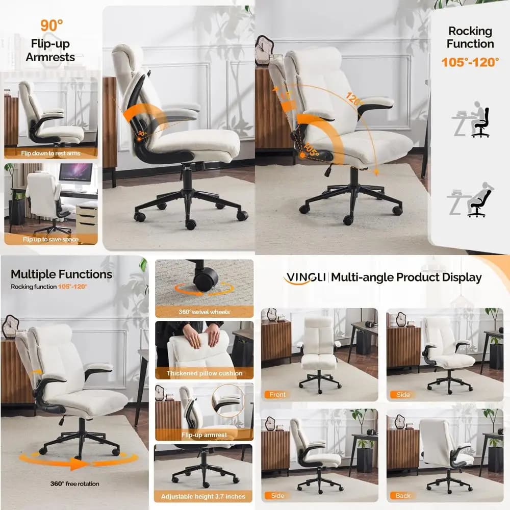 Sedia da scrivania girevole ergonomica con braccioli imbottiti, schienale alto, 360 ° Sedia Girevole con Ruote per Gaming, Casa, Studio, Lettura, Bianco Lino