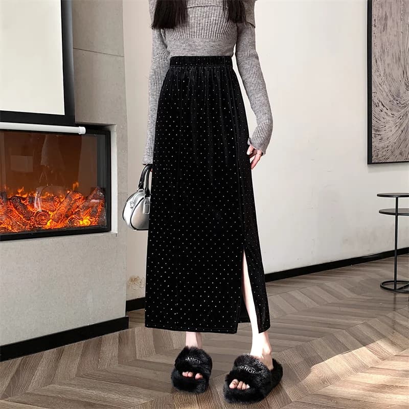 Elegante Gonna Lunga Nera in Velluto a Vita Alta da Donna, Stile Vintage a Pois, per Autunno Inverno