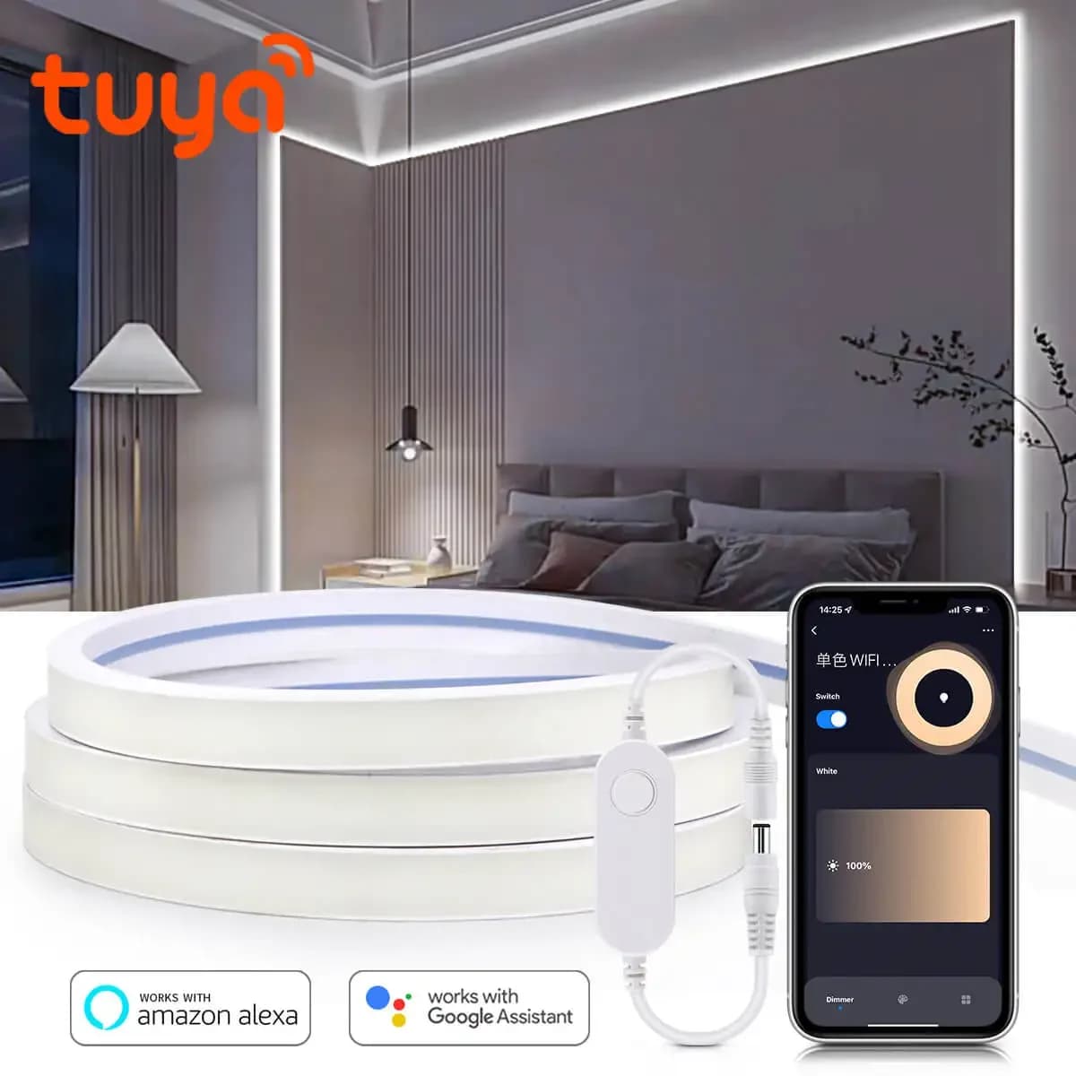 Tuya WiFi Smart COB Neon LED Strip, Light Pure Silicone Gel Tube IP65 Waterproof APP Voice Control Work With Alexa Google Home