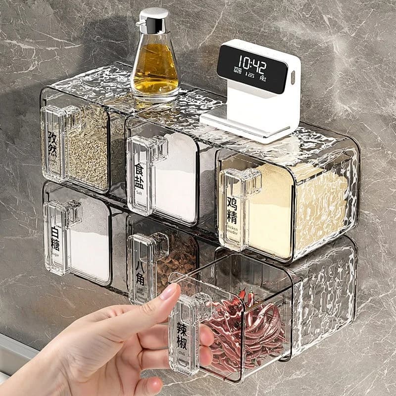 Multi-Grid Kitchen Storage Box Wall-Mounted Damp Proof Salt Seasoning Sauce Holder Home Use Cooking Utensil Organizer