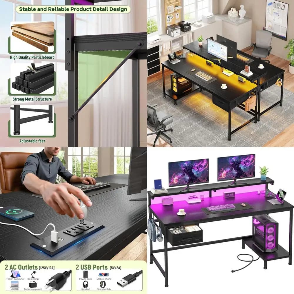 Led Lighted Gaming Desk with Adjustable Monitor Support, Current and Design Save for Home Office, Studio and Entertainment