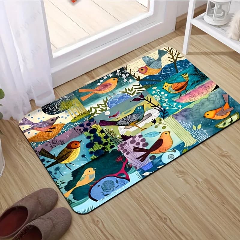 1 welcome mat with nine birds, non-slip mat, carpet, yoga mat, washable in washing machine and resistant to fading, available in various sizes.