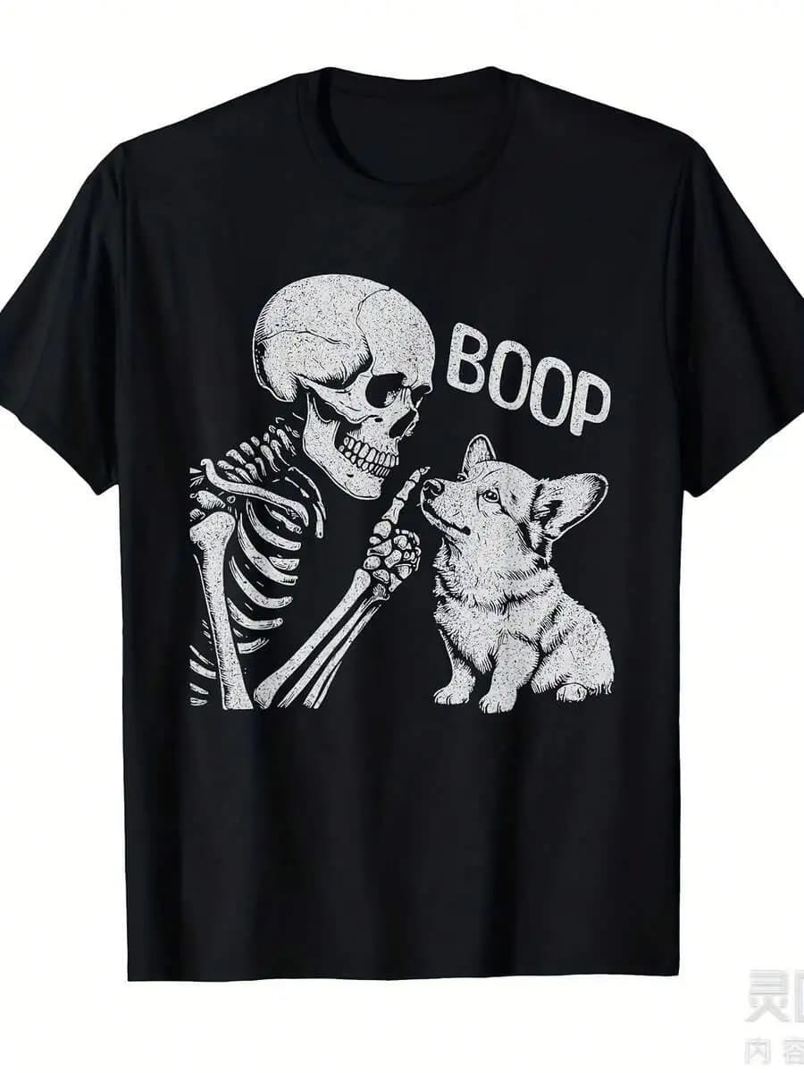 Funny Gothic Boop Corgi Dog Skeleton Hand Graphic T-Shirt - Unisex Adult Tee With Print, Retro Round Neck Short Sleeve Shirt For