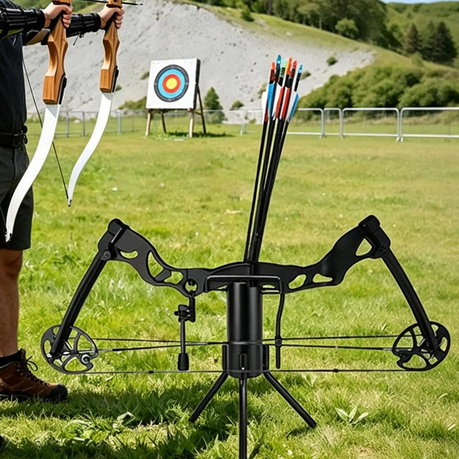 Ground Bow Stand Folding Metal Bow Holder With Quiver Portable Archerys Bow Rack For Target Range Backyard Hunting Competition