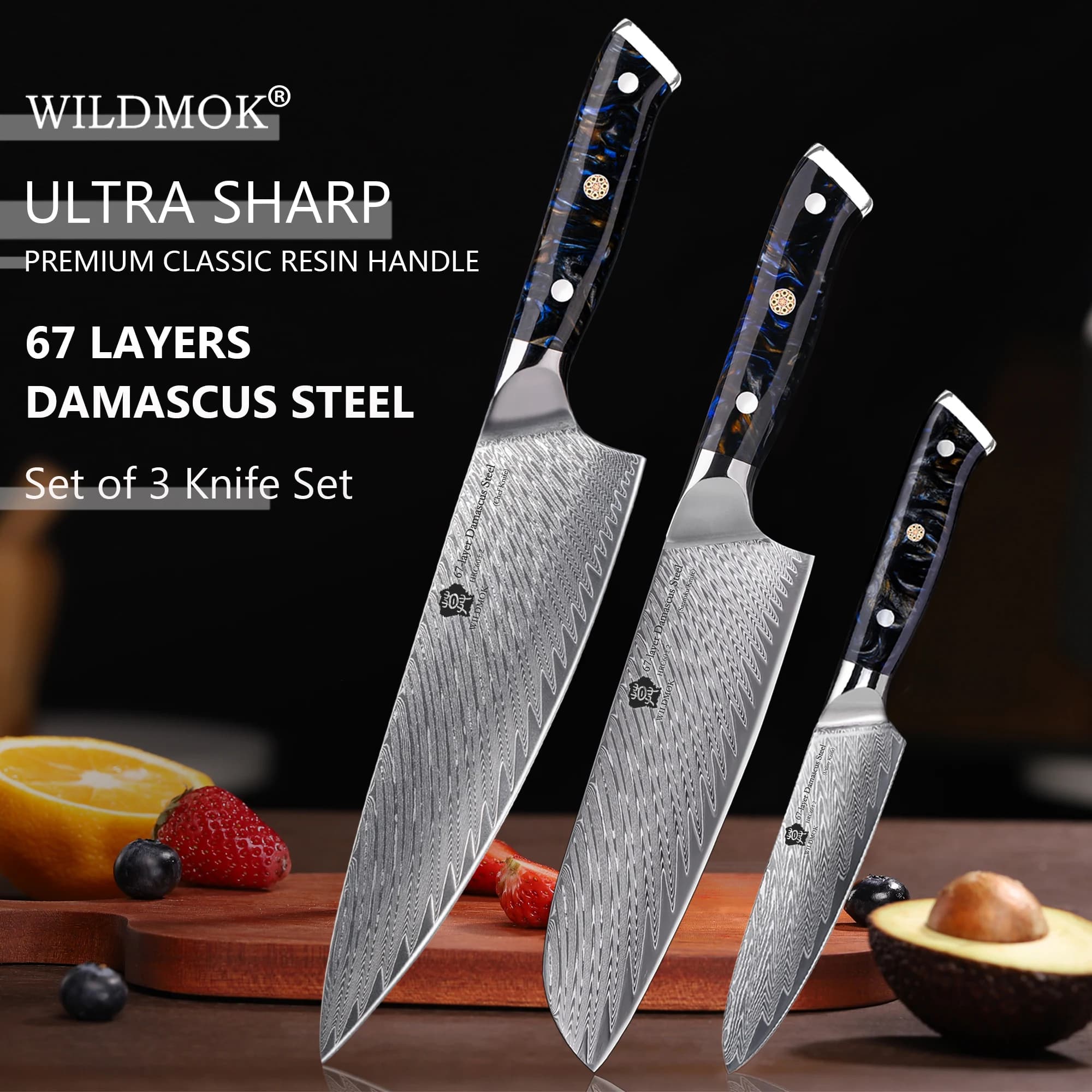 WILDMOK Damascus kitchen knife set of 3 professional chef knives in Damascus VG10 steel with completely Tang resin handle