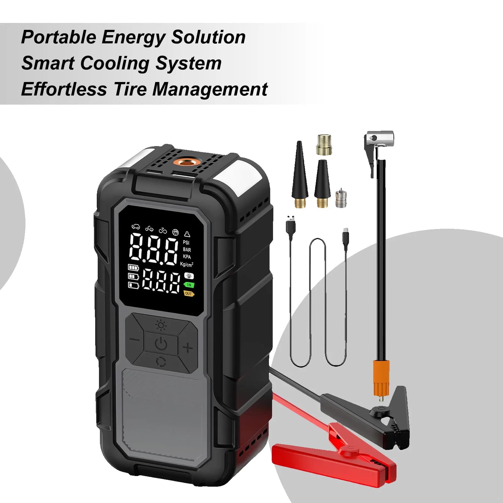 Avviatore di emergenza per batteria per auto 12V Power Bank con cavi Avviatore di emergenza per batteria per esterni per gonfiare pneumatici Viaggi lunghi Strada urbana