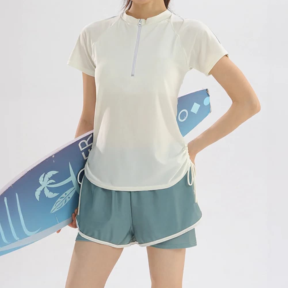 Short Sleeve Modest 2 Piece Swimsuit for Women Higher Waist Bottom Full Coverage Top Polyester Pool Hot Spring Swimming