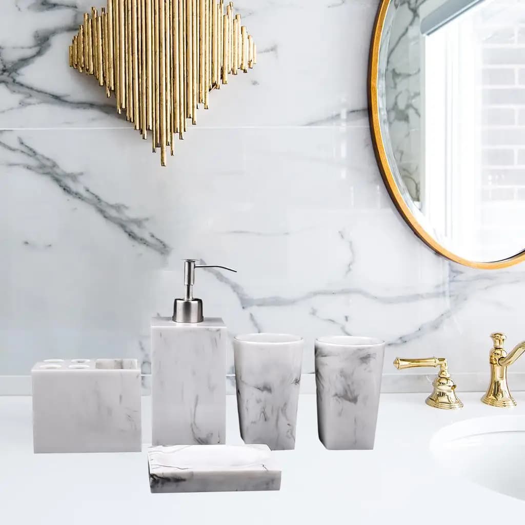 Set di Accessori da Bagno in Resina Bianca 5 Pezzi - Portaspazzolino e Portaoggetti
