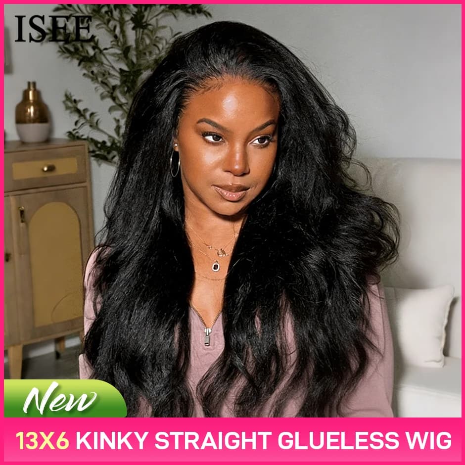 ISEE New In 13x6 Glueless Kinky Straight Wig Lace Pre-Cut Wear Can Go Lace Front Wig Real Ear To Ear With Invisi Draw-string
