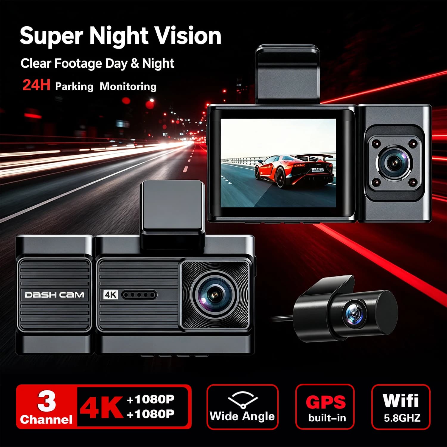 DT-NAVI A6703Pro Dash Cam 3-Channel Front 4K+Rear 1080P+Interior 1080P HDR Car DVR Driving Record GPS WiFi 24H Parking Monitor