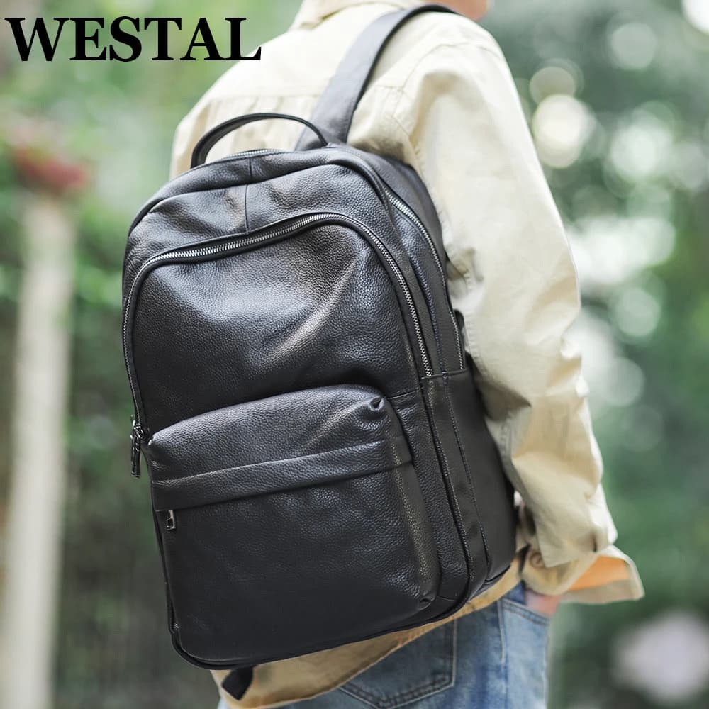Zaino da scuola WESTAL in vera pelle per studenti borsa per Laptop mochila per zaino da uomo grande nero da 15.6 ''per i viaggi 332