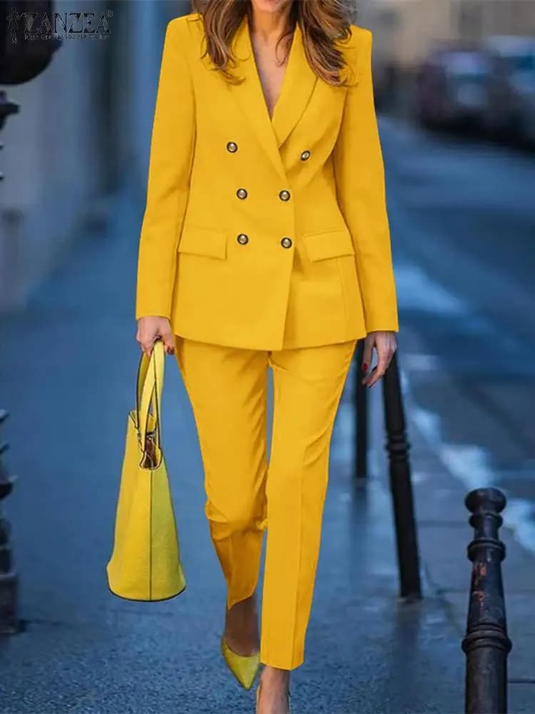 ZANZEA Women Elegant Autumn Blazer Suits OL Work Pants Sets 2PCS Fashion Solid Trousers Suits Office Lady Tracksuit Outifits