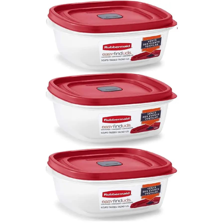 Set di 3 Contenitori per Alimenti Quadrati con Coperchio Easy Find, 5 Tazze, Rossi con Sfiato