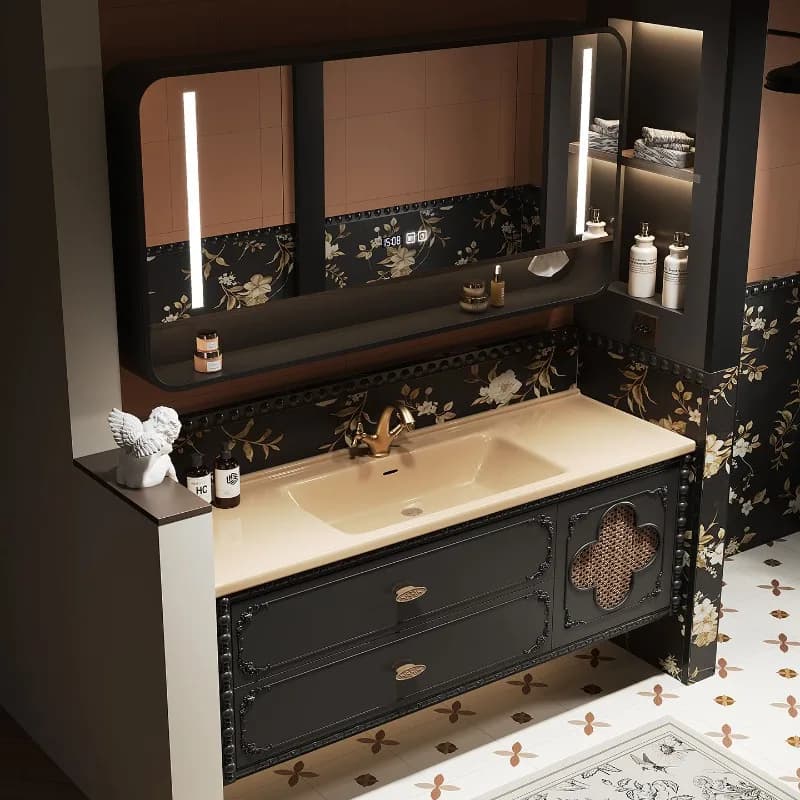 Mobiletto da bagno nero europeo Mobiletto da bagno classico rustico con stoccaggio stretto Specchio Smart Meuble Salle De Bain Mobili per la casa