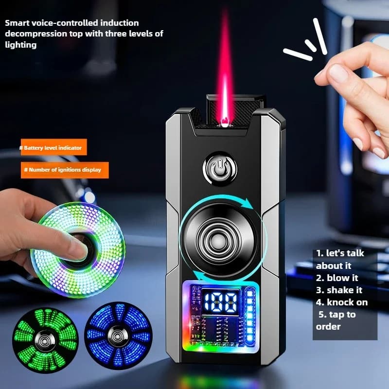 Accendino a Gas Butano con Controllo Vocale, Antivento, Fiamma Rossa, Giroscopio, Finestra Visiva del Gas, Luce Colorata, Accenditore USB