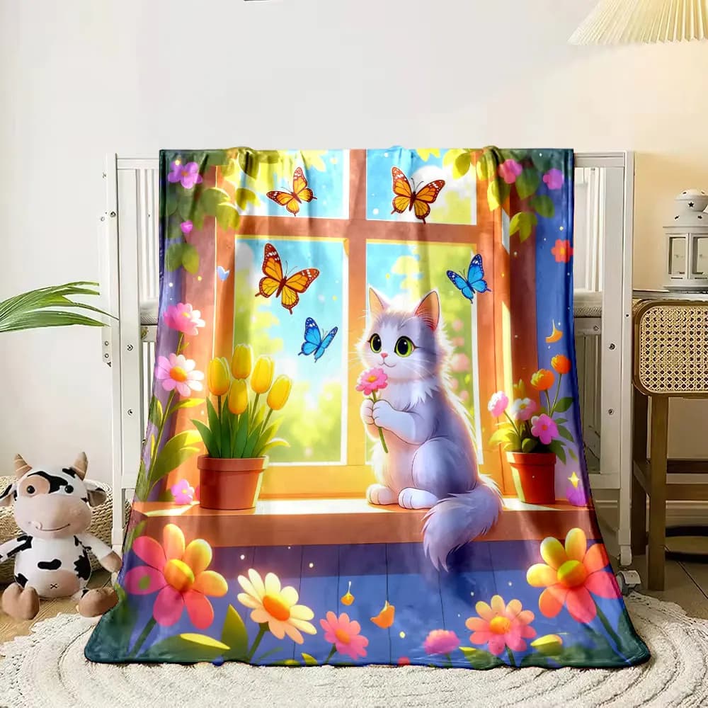 Un gatto pigro sul davanzale Stampa coperta Viaggio a casa Campeggio per adulti e bambini Regali di lusso adatti a tutte le stagioni.