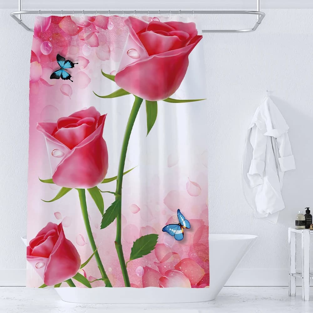 Rose rosa fiore farfalla tenda da doccia con ganci tessuto in poliestere impermeabile stampa tenda da bagno accessori per il bagno Decor