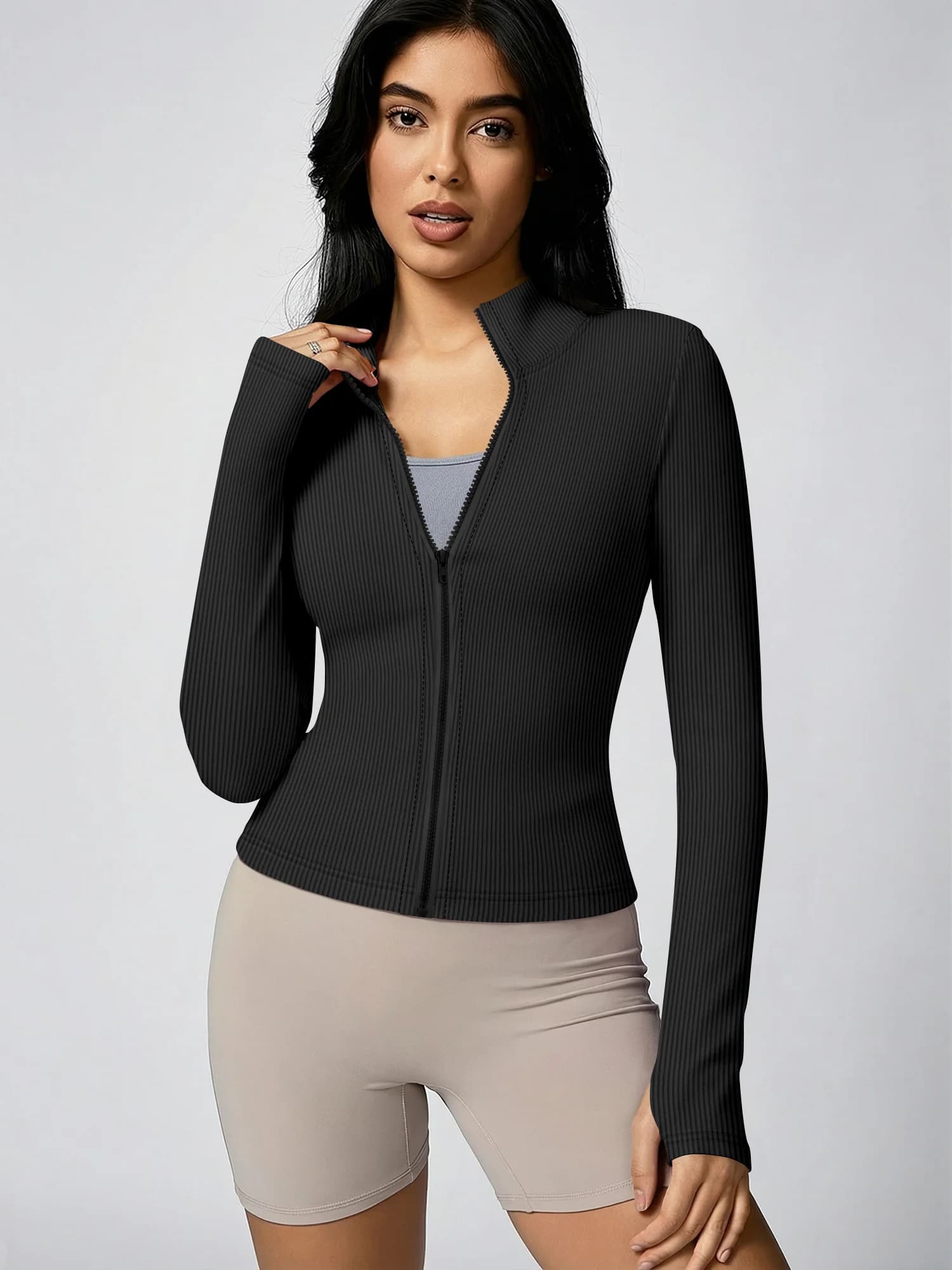 Transitional Rib Knit Full-Zip Jacket, Versatile High Neck Top for Work-to-Weekend Smart Casual Outfits