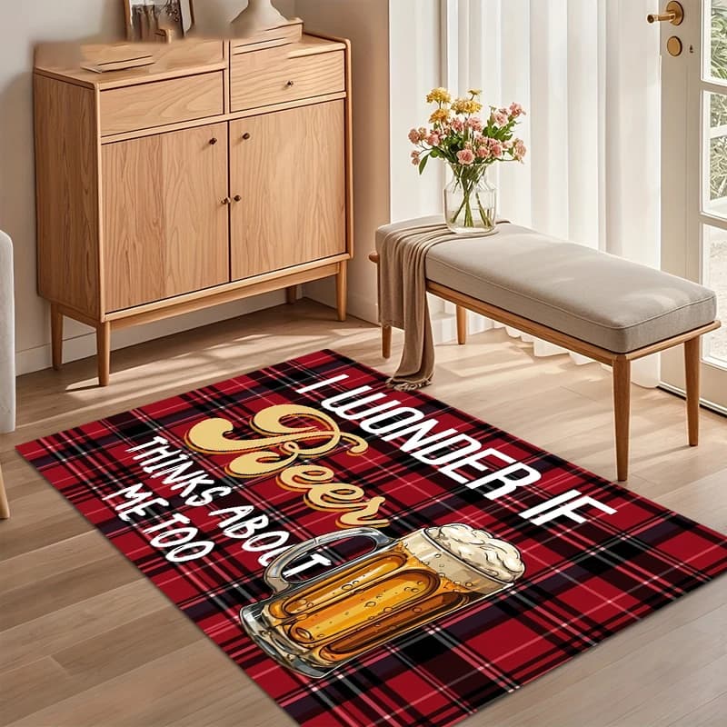 Tappeto a quadri rosso giocoso con citazione 'I Wonder If Beer Thinks about Me Too' e design a boccale di birra, elegante tappetino per l'arredamento della casa