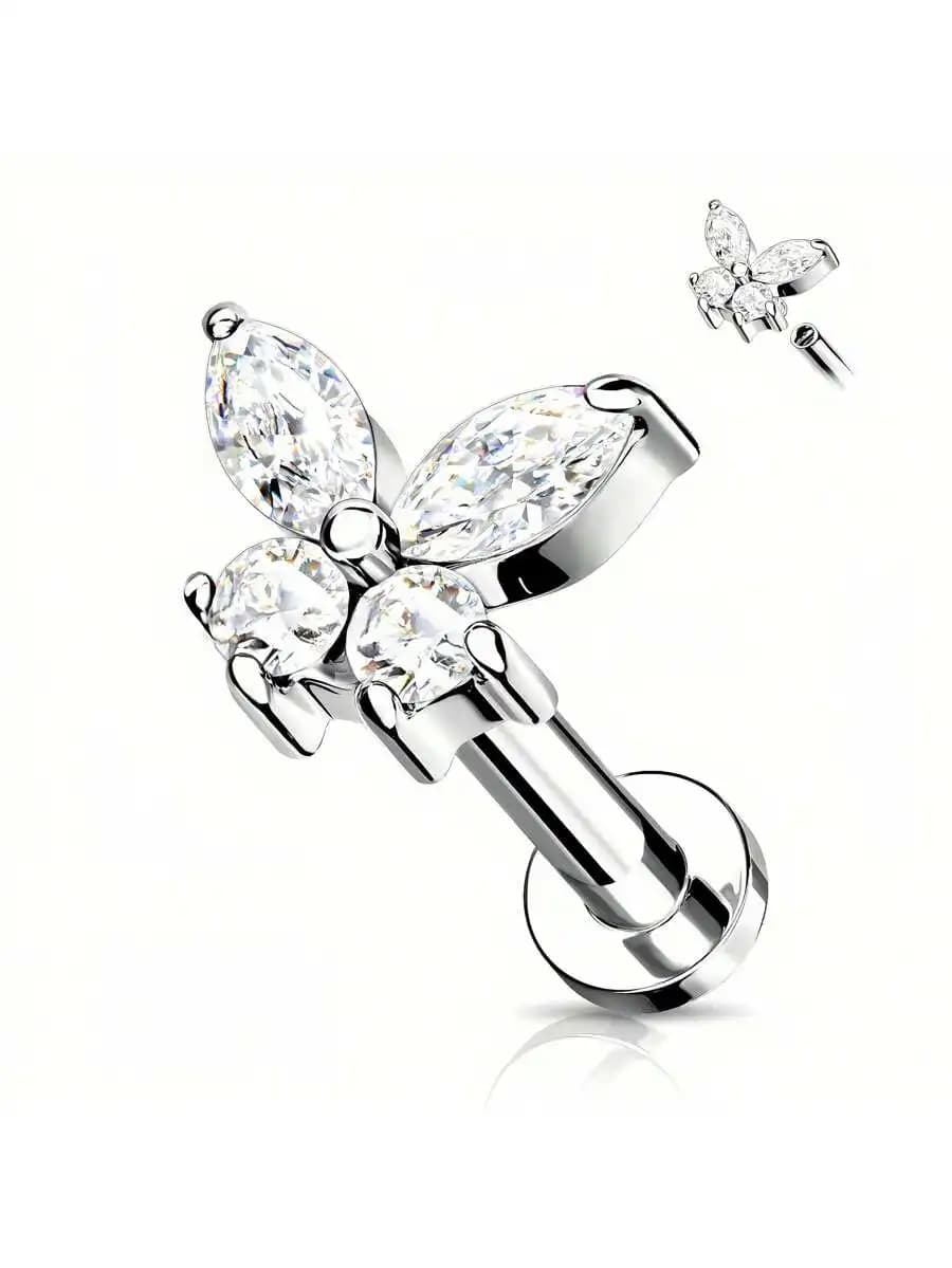 CZ Butterfly Top Internally Threaded 316 Stainless Steel Flat Back Stud For Earring Labret Monroe Cartilage
