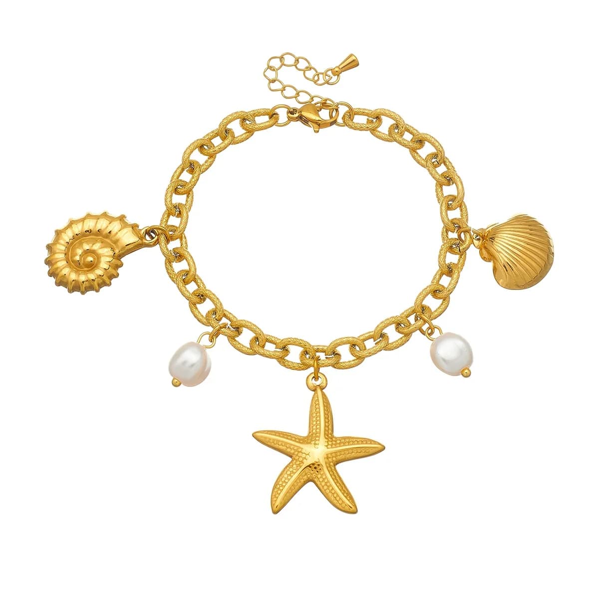 Fade-Proof 18k Gold Stainless Steel Ocean Charm Bracelet Pearl Starfish Seashell Conch Pendant Bracelet Hypoallergenic Jewelry