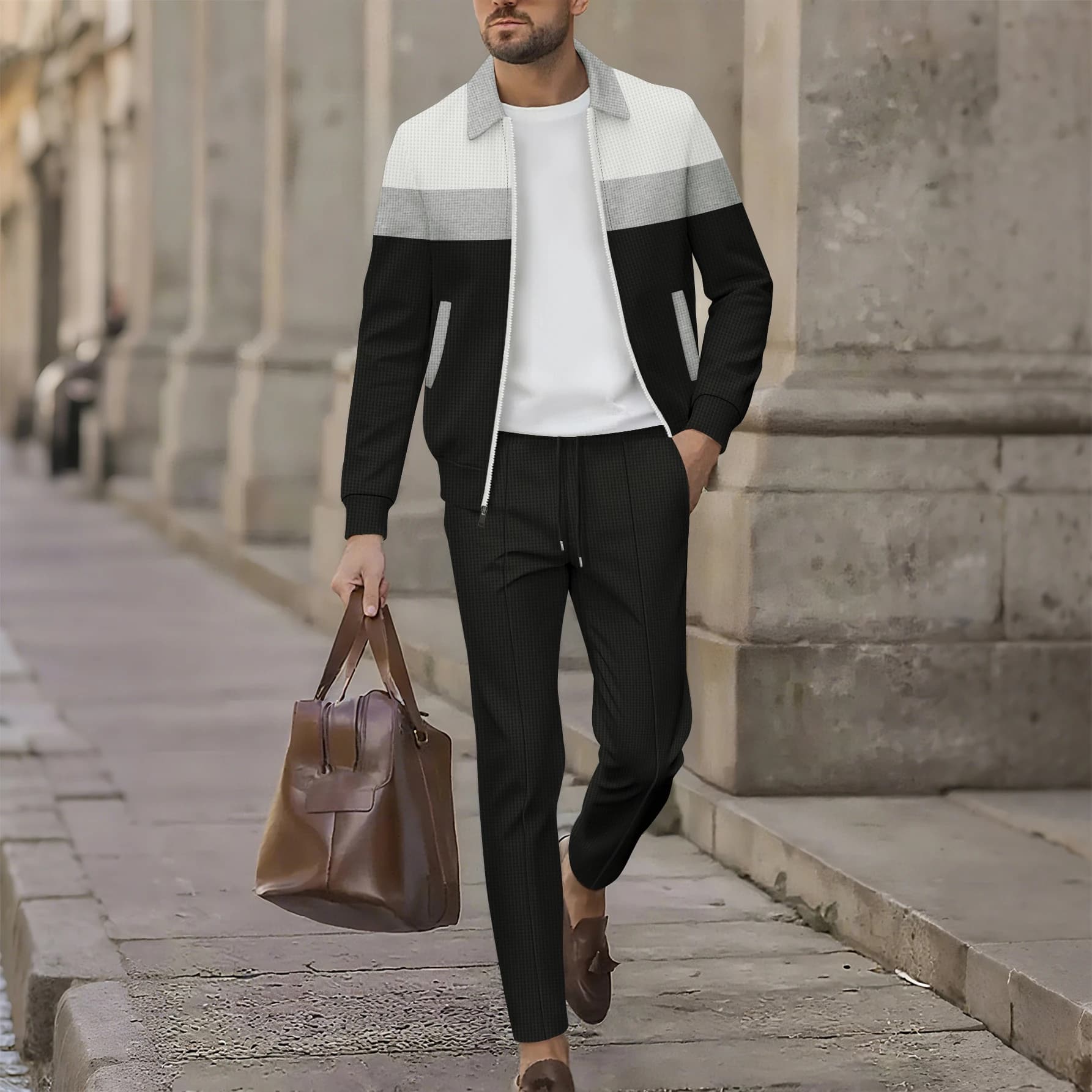 Men's Cardigan Slim Fit Jacket Set with Zip Pockets and Waffle Pattern, Fashion Autumn Clothing