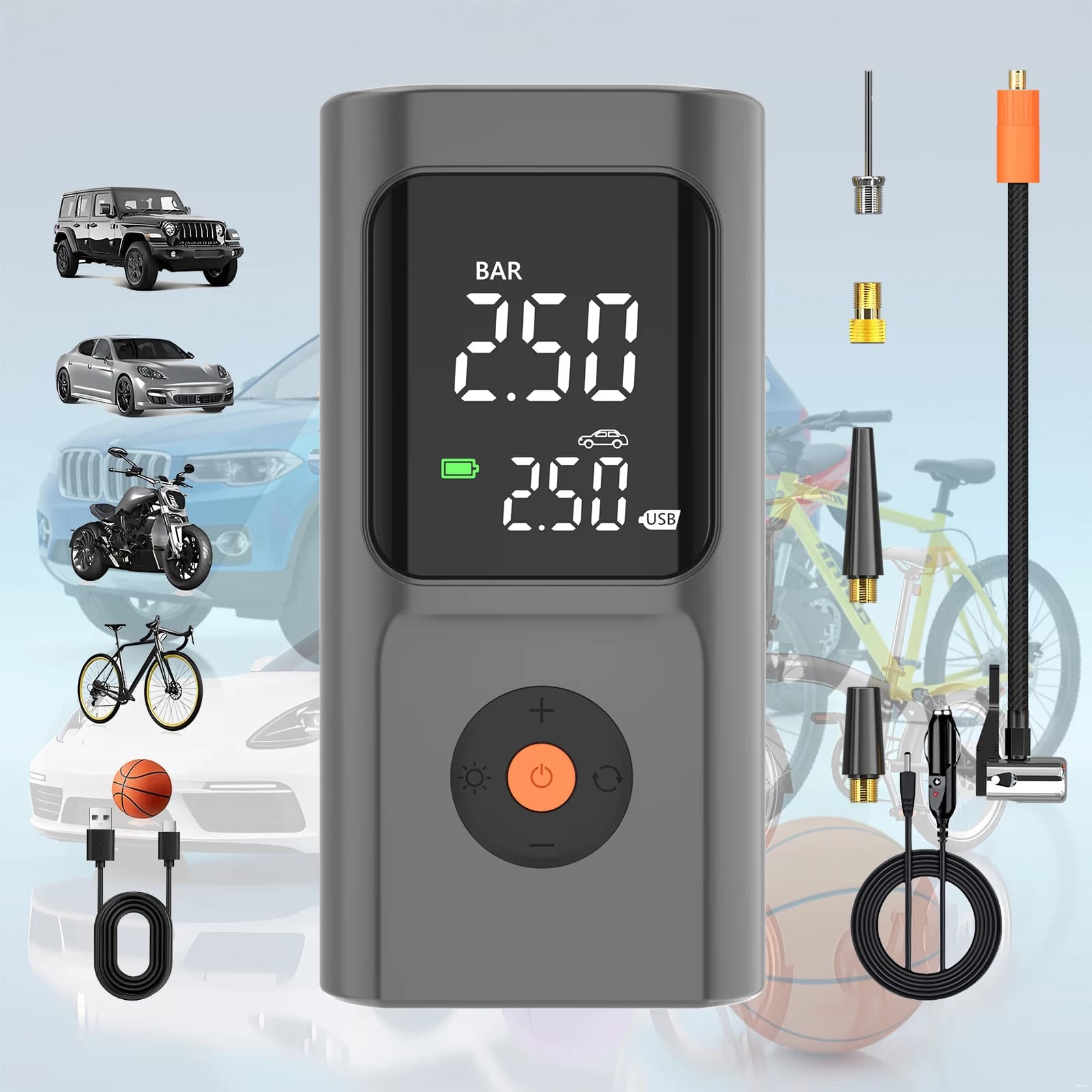 Compressore d'Aria Portatile per Pneumatici Auto con Manometro Digitale, Luce LED e Funzione di Spegnimento Automatico