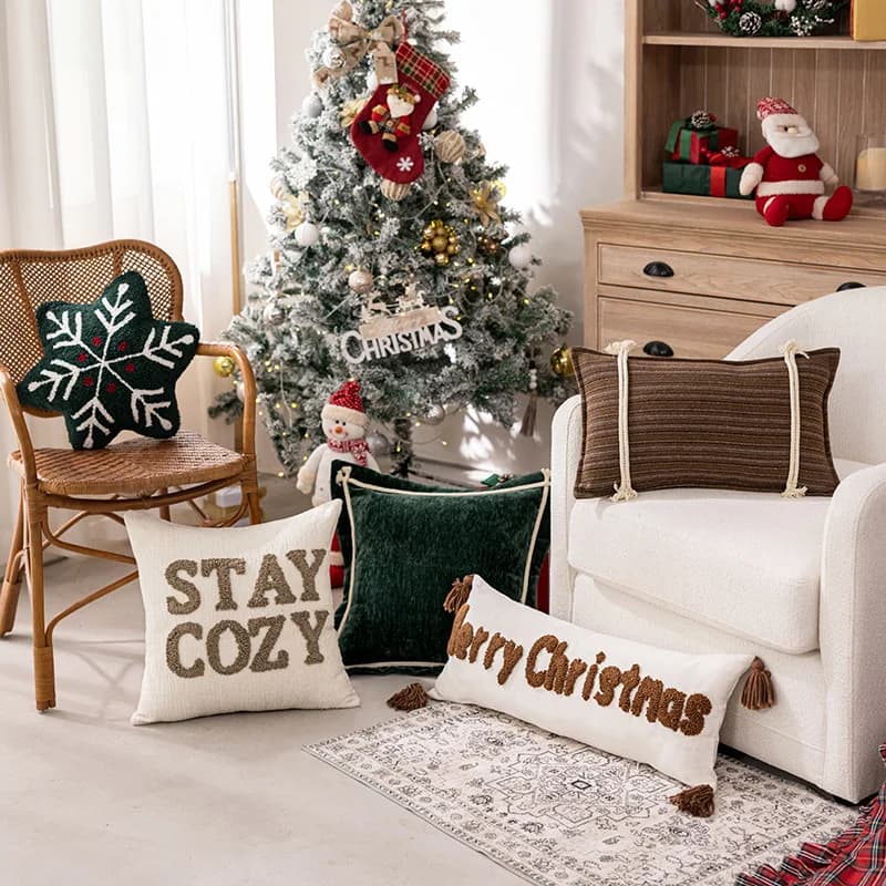 Federa per cuscino ricamata con lettera natalizia Cojines Fiocco di neve Albero di Natale Fodera per cuscino per divano Decorazioni per feste Fodere per cuscini