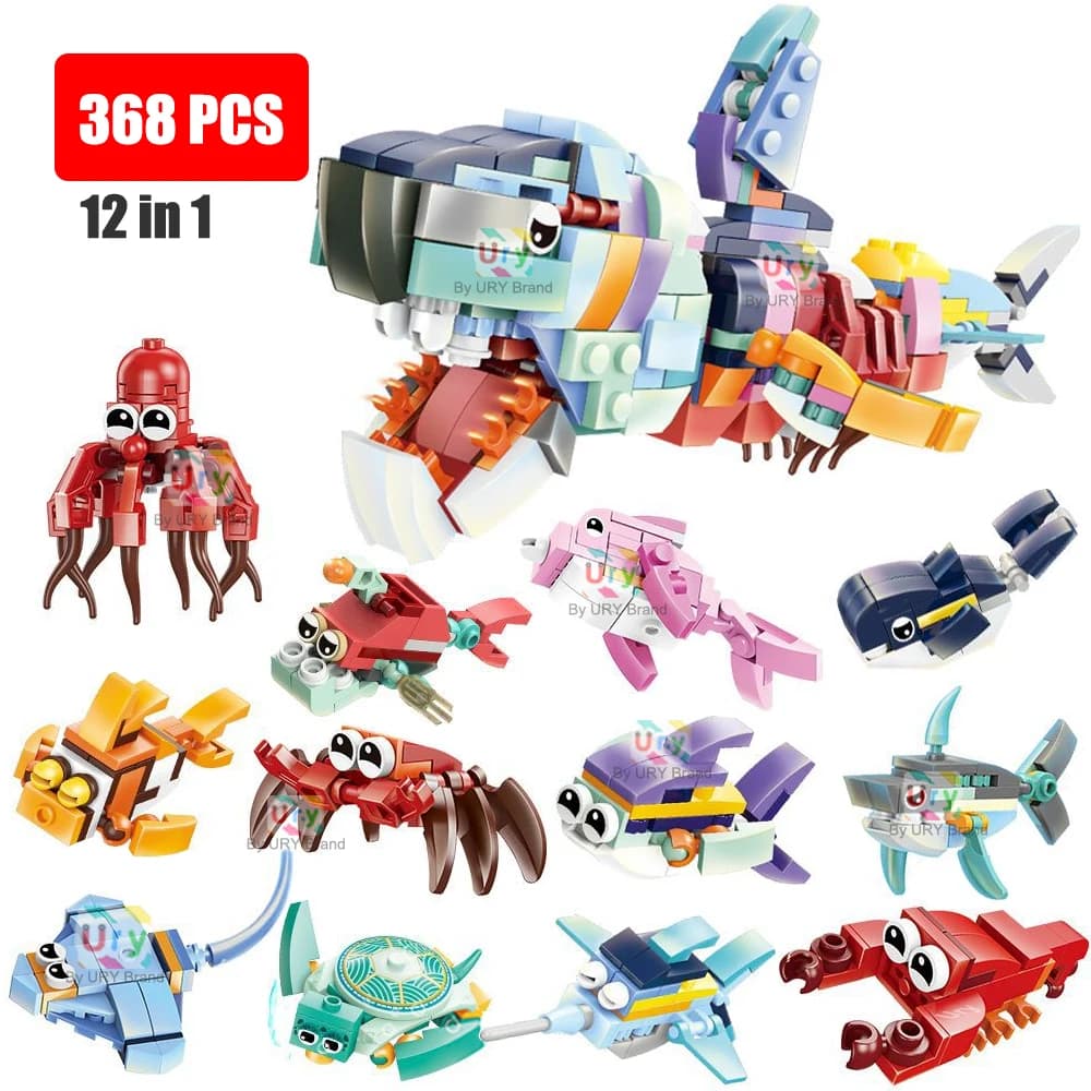 Moc 12 in1 Ocean Marine Fish Animals Shark Octopus Hermit Crab Turtle Dolphin Model Set Building Blocks giocattoli fai da te per i regali dei bambini